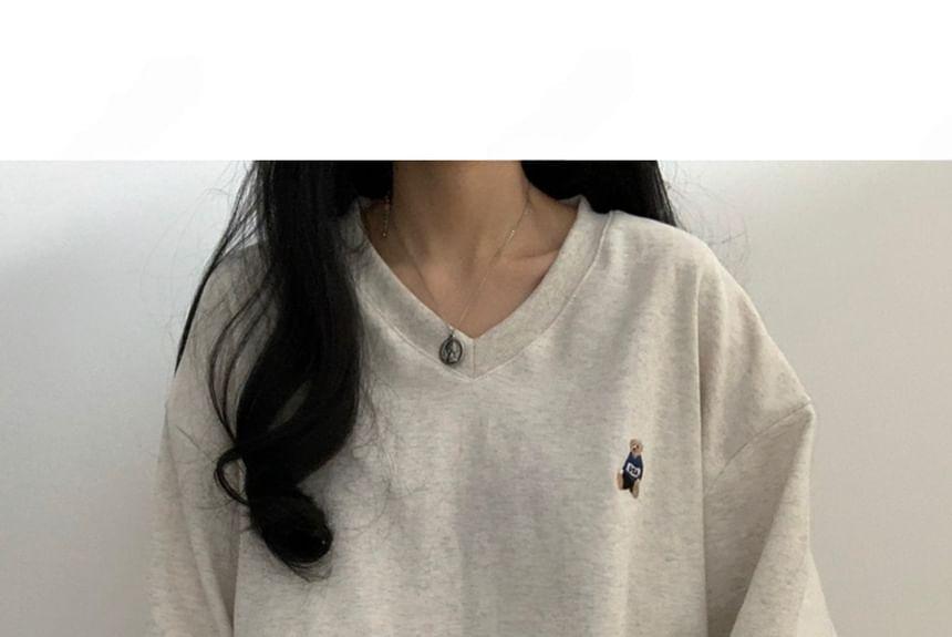 V-Neck Bear Embroidered Sweatshirt Product Image