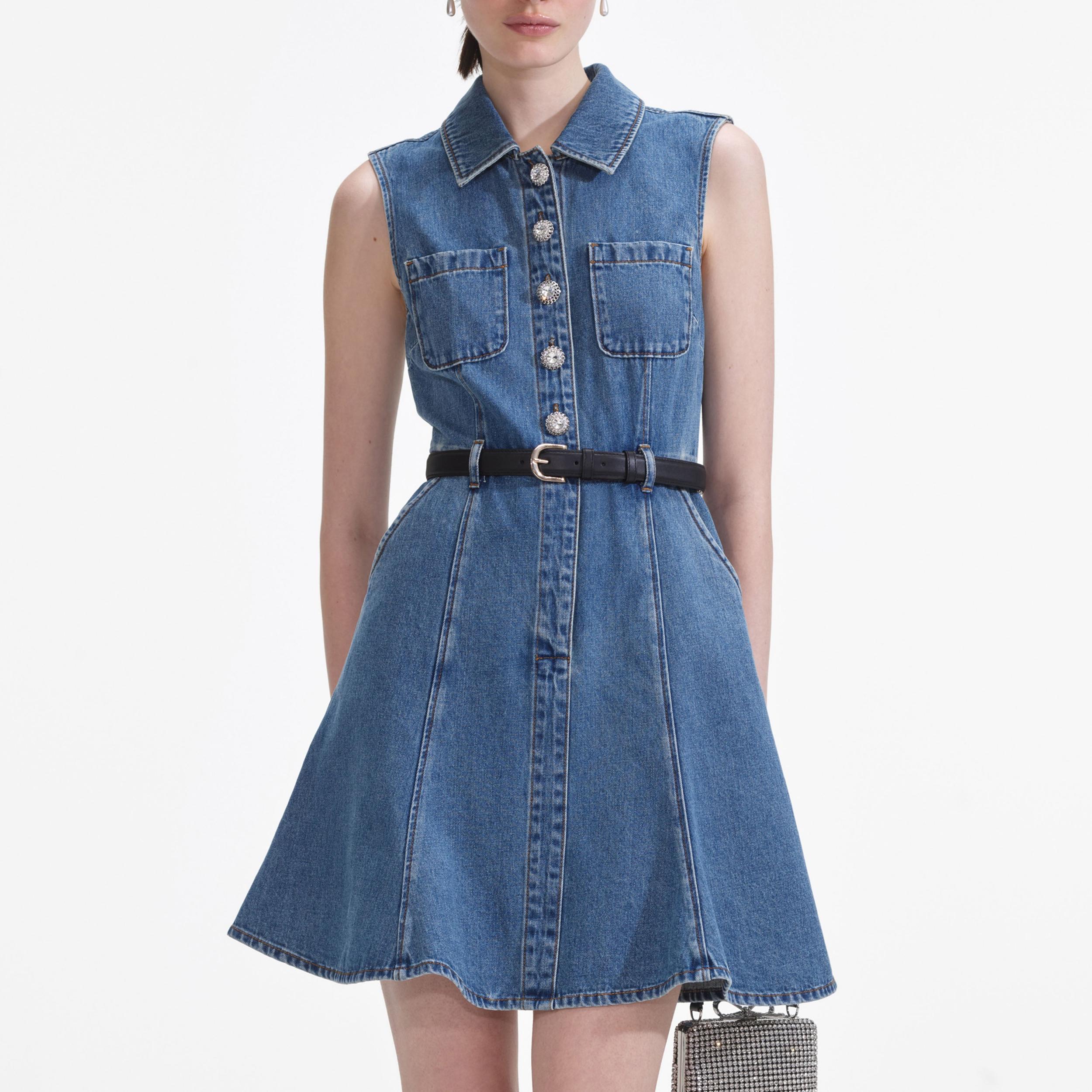 Denim Sleeveless Pearl Mini Dress Product Image