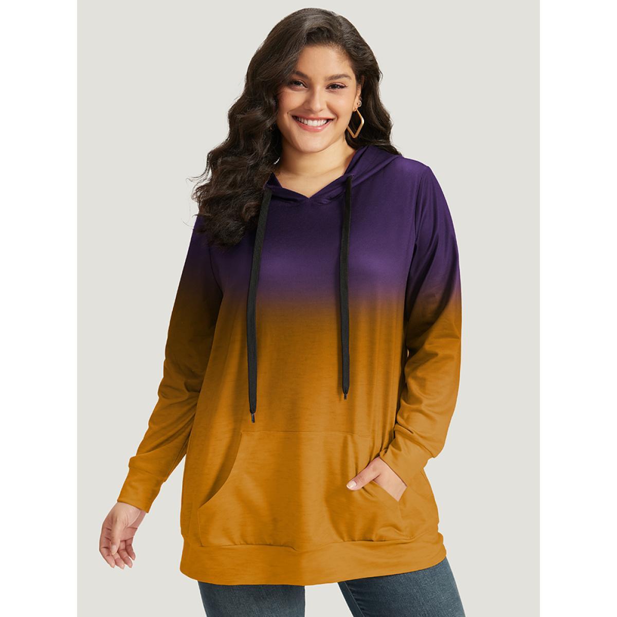 Plus Size Ombre Pocket Drawstring Hooded Sweatshirt Women Blackcurrant Casual Elastic cuffs Hooded Everyday Sweatshirts BloomChic 12/L Product Image