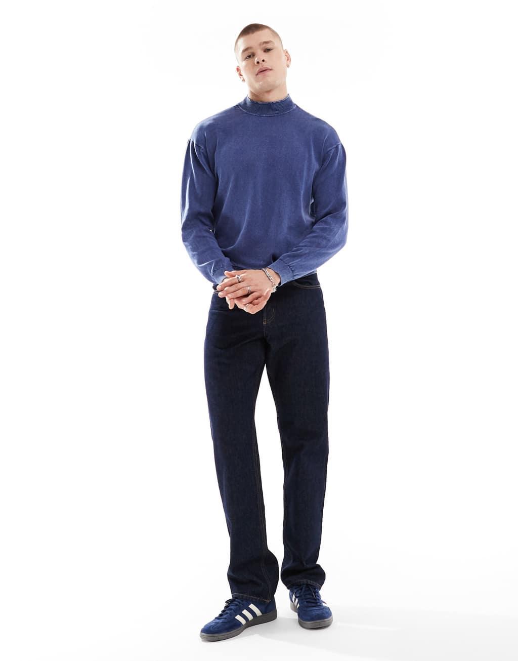 Another Influence heavy acid wash high neck sweater in navy Product Image