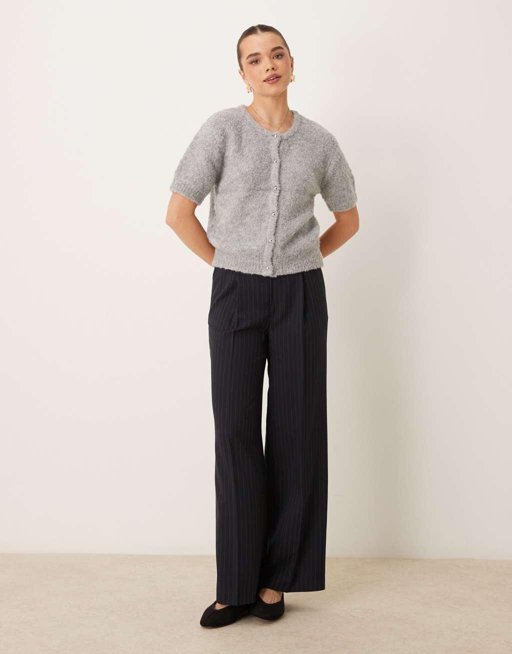 Gina Tricot supersoft textured knit short sleeve cardigan in gray melange Product Image