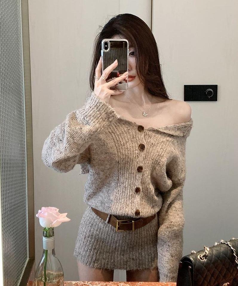 Off Shoulder Long Sleeve Plain Buttoned Ribbed Knitted Mini Sweater Dress with Belt Product Image