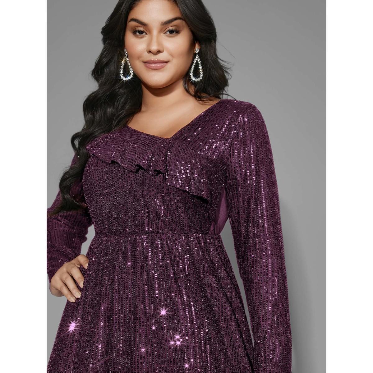 Plus Size Sequin Mesh Asymmetrical Neck Midi Dress Deeppurplered Women Cocktail Texture Party Curvy Bloomchic 12/L Product Image