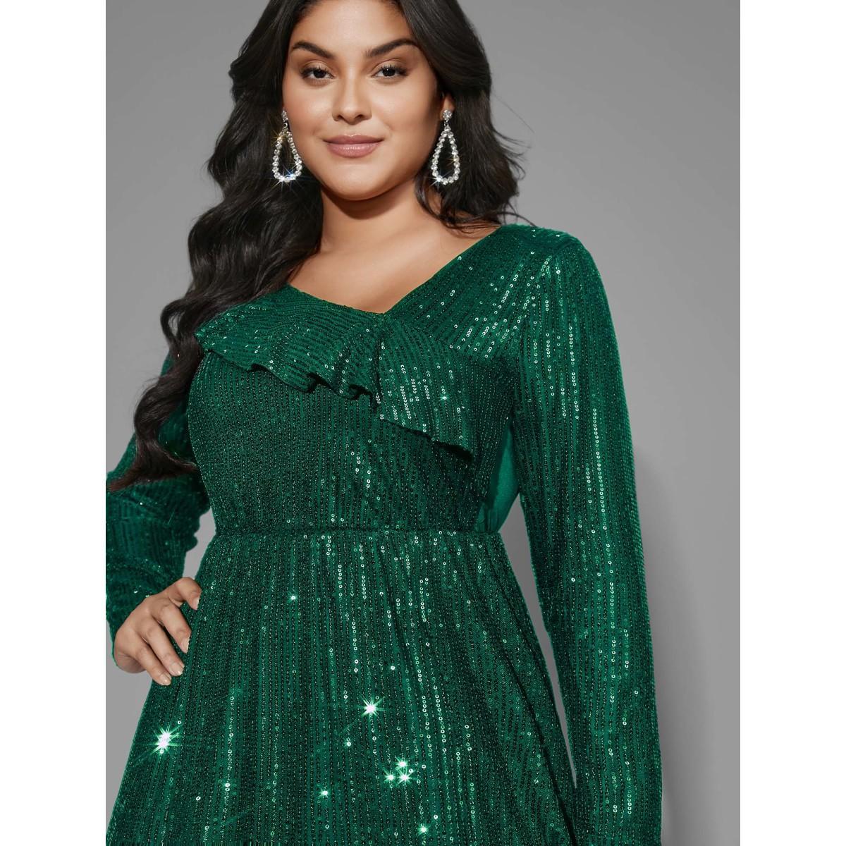 Plus Size Sequin Mesh Asymmetrical Neck Midi Dress DarkGreen Women Cocktail Texture Party Curvy Bloomchic 18-20/2X Product Image
