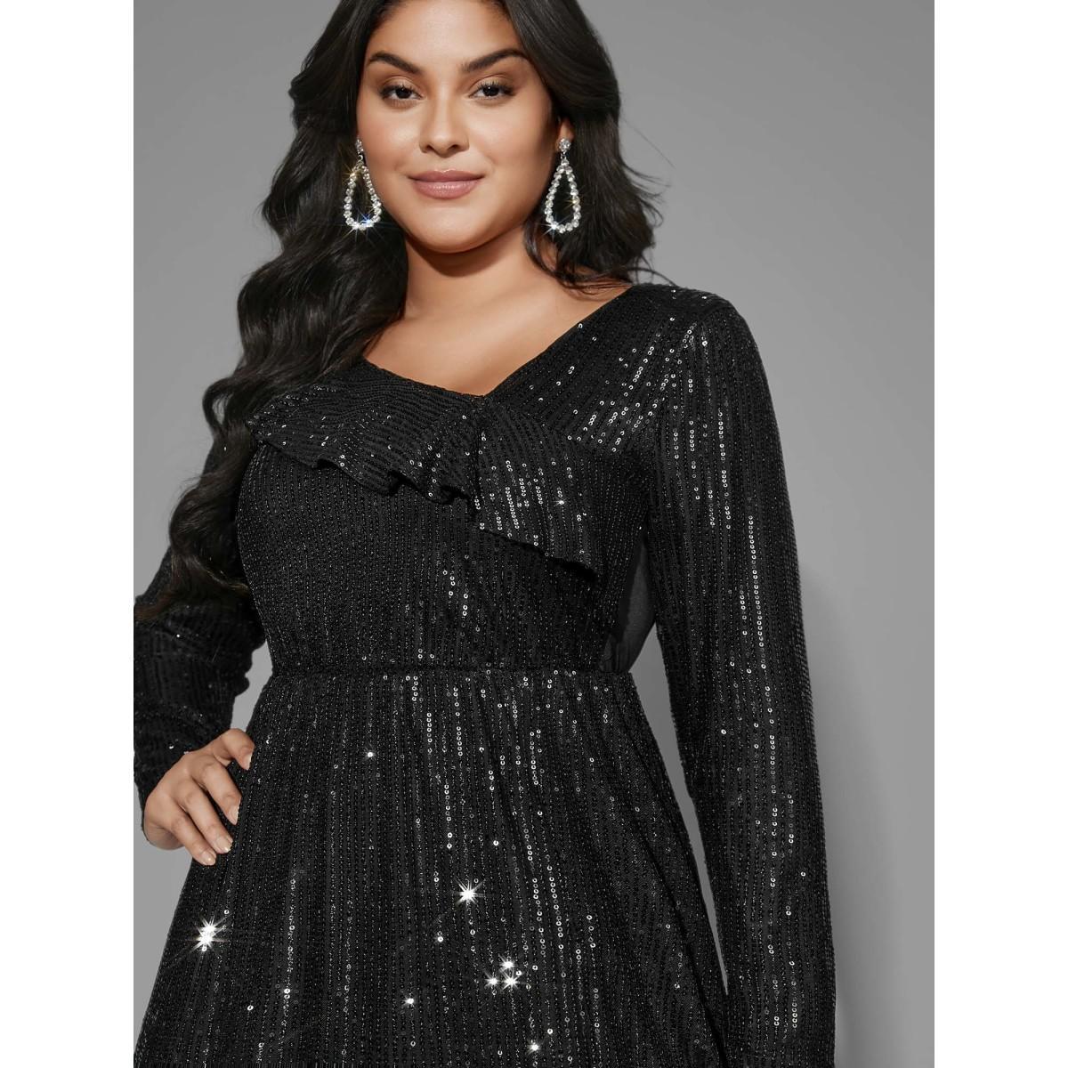 Plus Size Sequin Mesh Asymmetrical Neck Midi Dress Black Women Cocktail Texture Party Curvy Bloomchic 14-16/1X Product Image