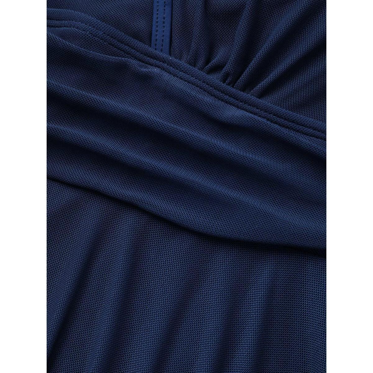 Plus Size Long Sleeve Mesh Ruffle Hem Swim Dress Women's Swimwear Mediumblue Beach Bodycon Overlap Collar High stretch Curve Swim Dresses BloomChic 14-16/1X Product Image