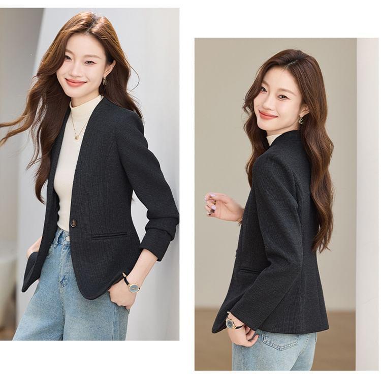 Collarless Plain Single Button Blazer Product Image