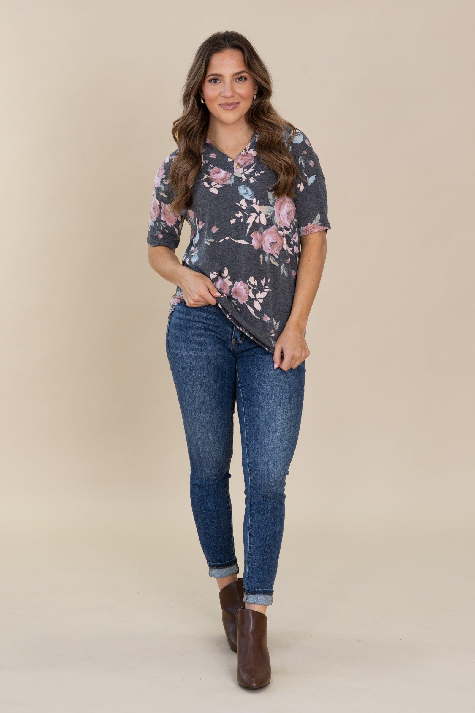 Charcoal Simple Floral Print V-Neck Knit Top Product Image