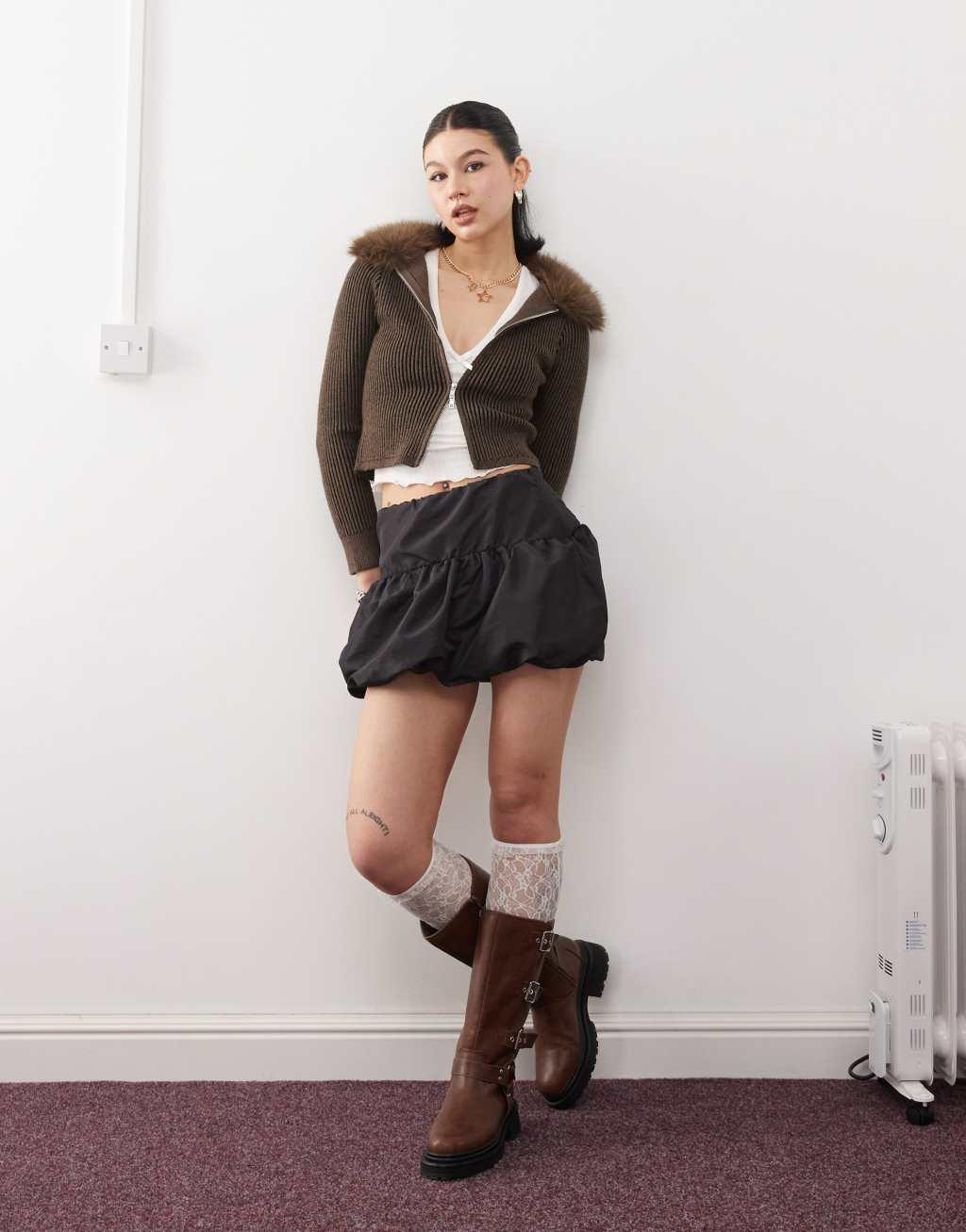 Reclaimed Vintage puffball mini skirt in taffeta in black  Product Image