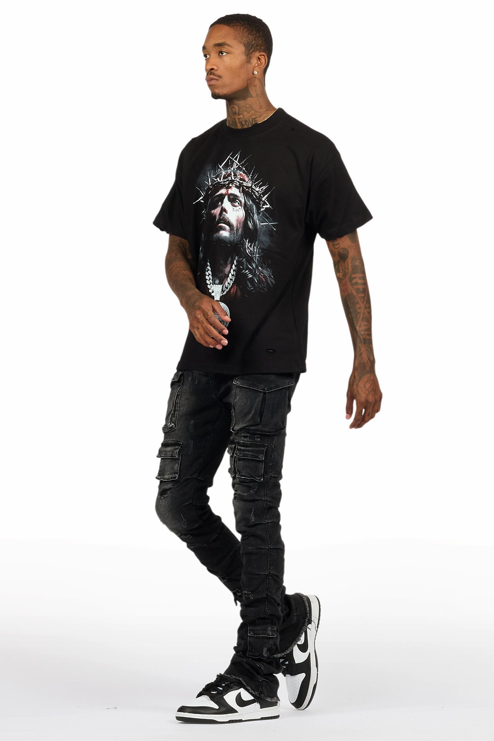 Amina Black T-Shirt & Gentry Dark Grey Stacked Flare Jean Bundle Male Product Image