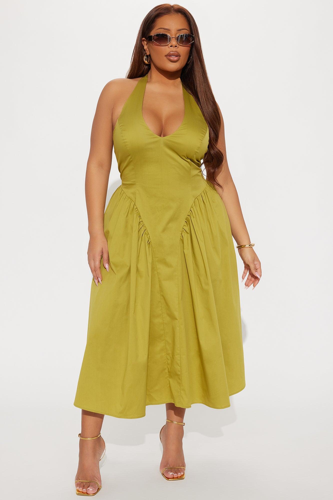 Mara Corset Halter Midi Dress - Chartreuse Product Image