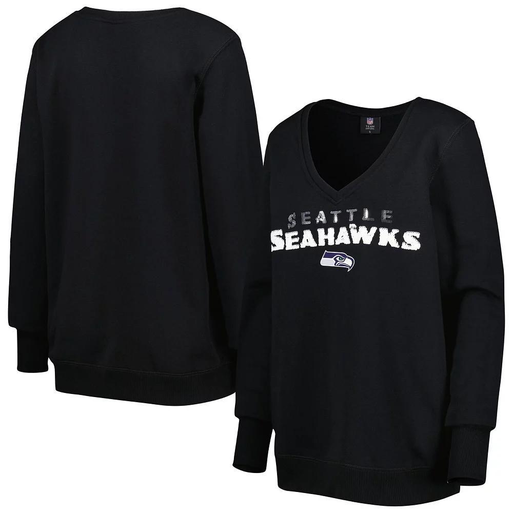 Women's Cuce Black Seattle Seahawks Sequin Logo V-Neck Pullover Sweatshirt, Size: Small Product Image