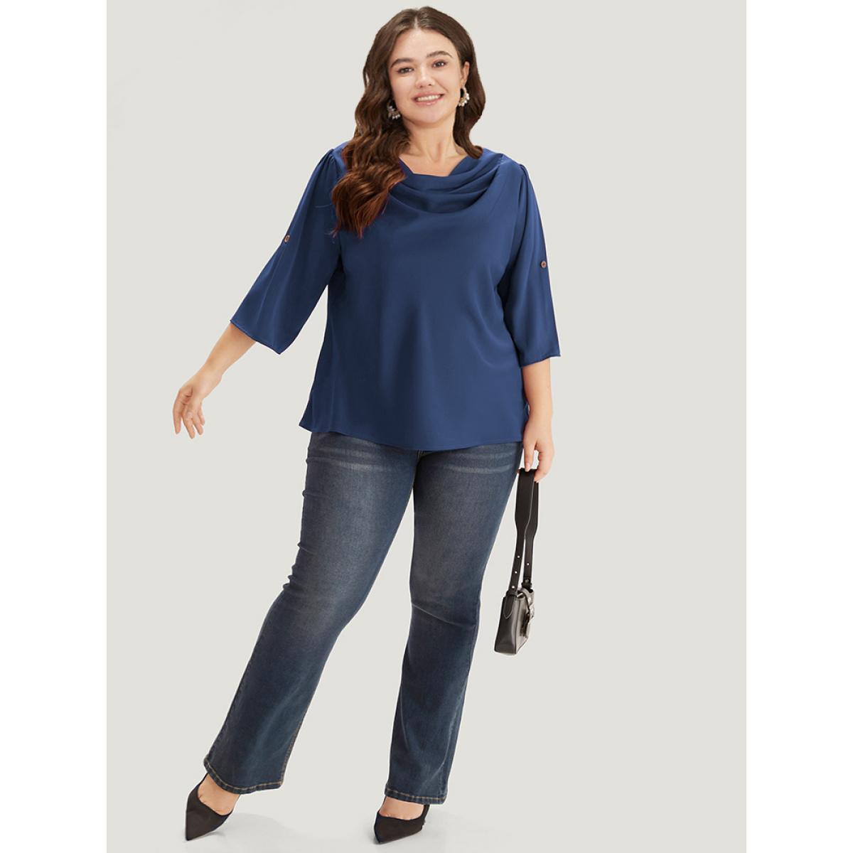 Plus Size Indigo Solid Cowl Neck Tab Sleeve Blouse Women Elegant Half Sleeve Cowl Neck Dailywear Blouses BloomChic 22-24/3X Product Image