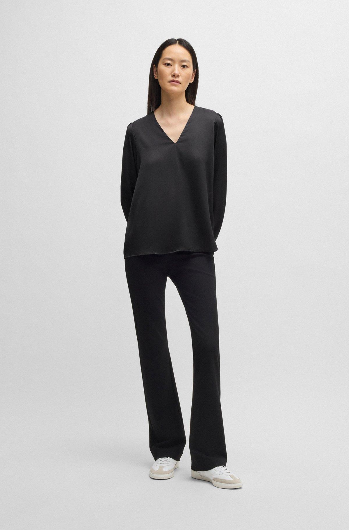 BOSS - Regular-fit blouse with V neckline in hammered satin - Black Product Image