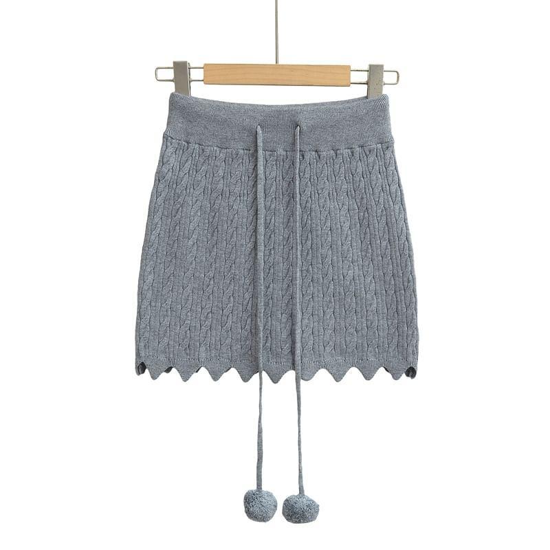 Drawstring Waist Plain Pom Pom Cable Knit Mini Pencil Skirt Product Image