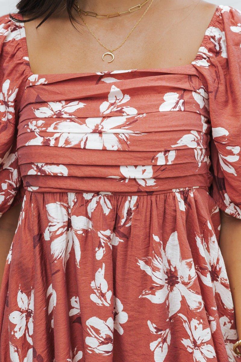 Terracotta Floral Print Pleated Mini Dress - FINAL SALE Product Image