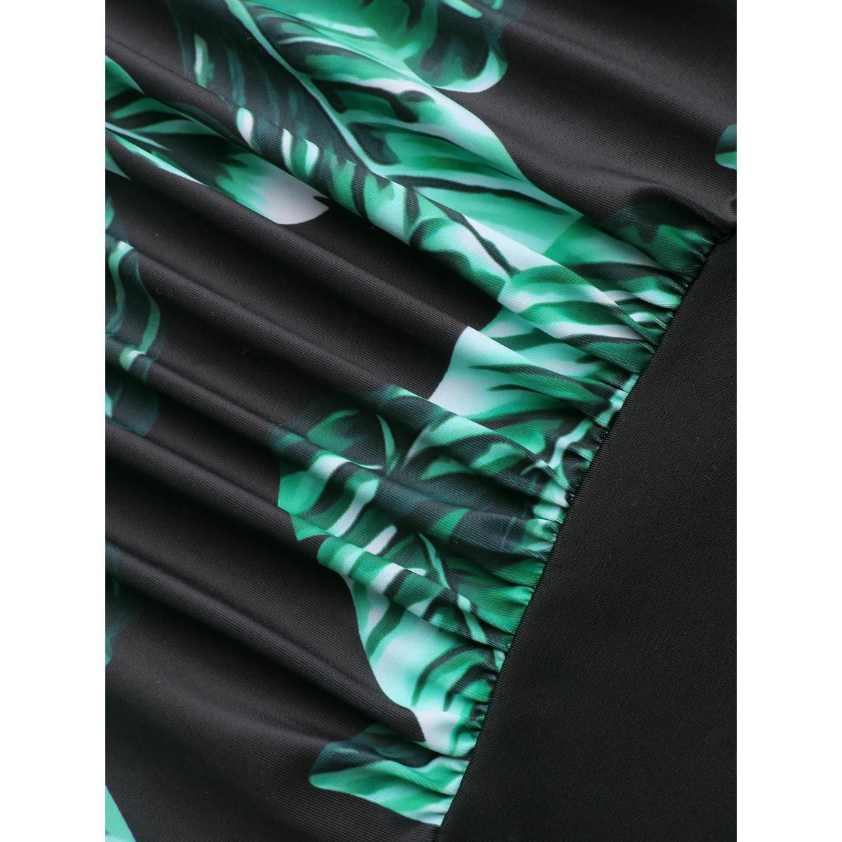 Plus Size Tropical Pattern Tied One-Piece Swimsuit Women's Swimwear Black Beach Gathered Curve Bathing Suits High stretch One Pieces BloomChic 18-20/2X Product Image