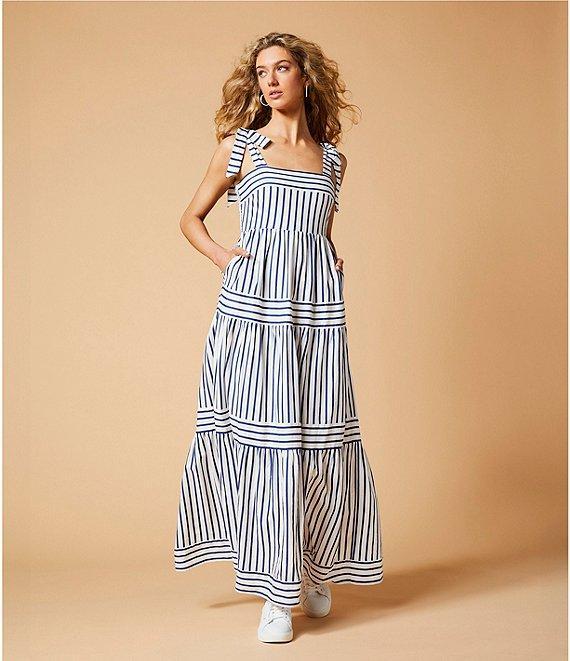 A Loves A Striped Sleeveless Tie Shoulder Smocked Back Tiered Maxi Dress Product Image