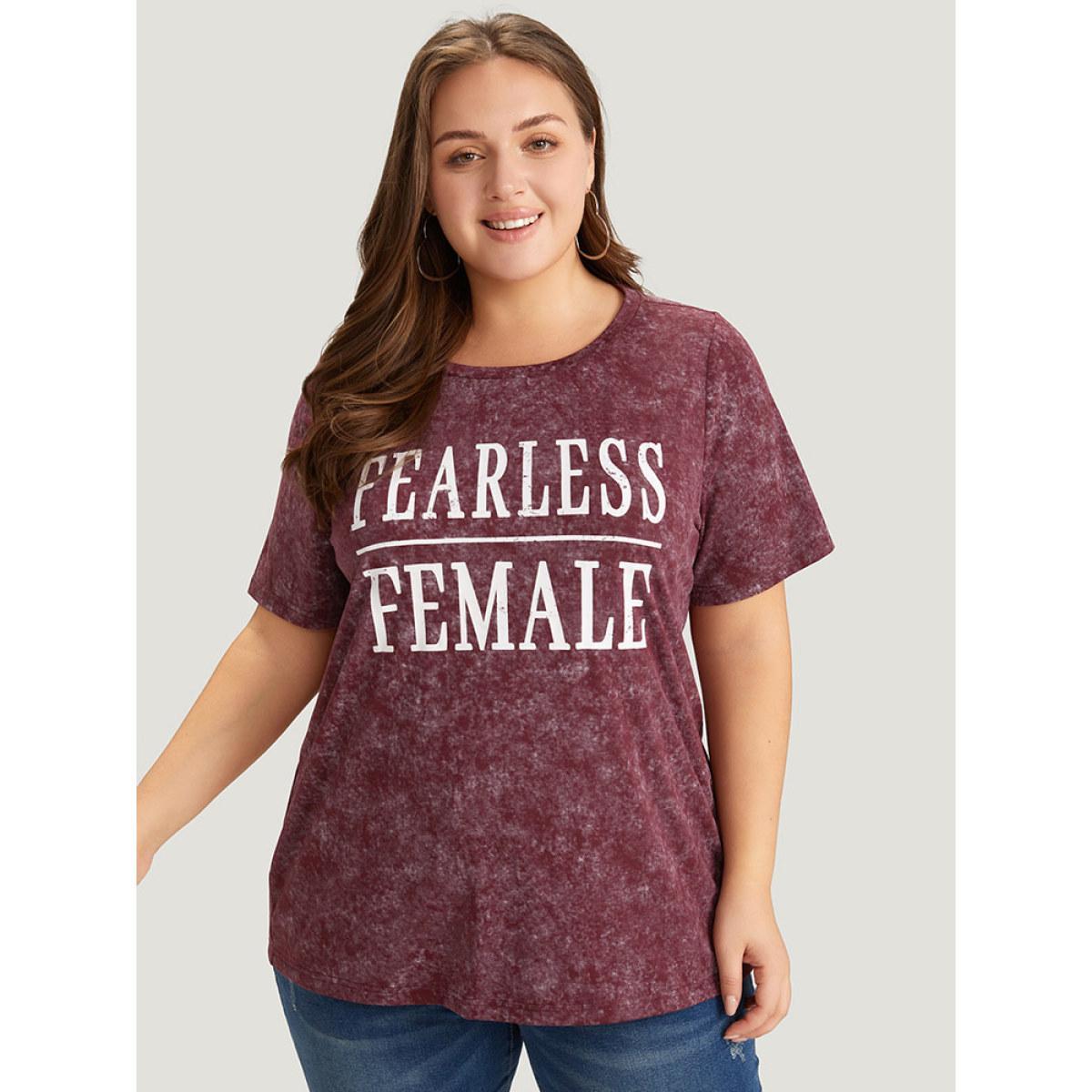 Plus Size Plain Letter Print Vintage T-shirt Burgundy Women Casual Printed Letter Dailywear T-shirts BloomChic 14-16/1X Product Image