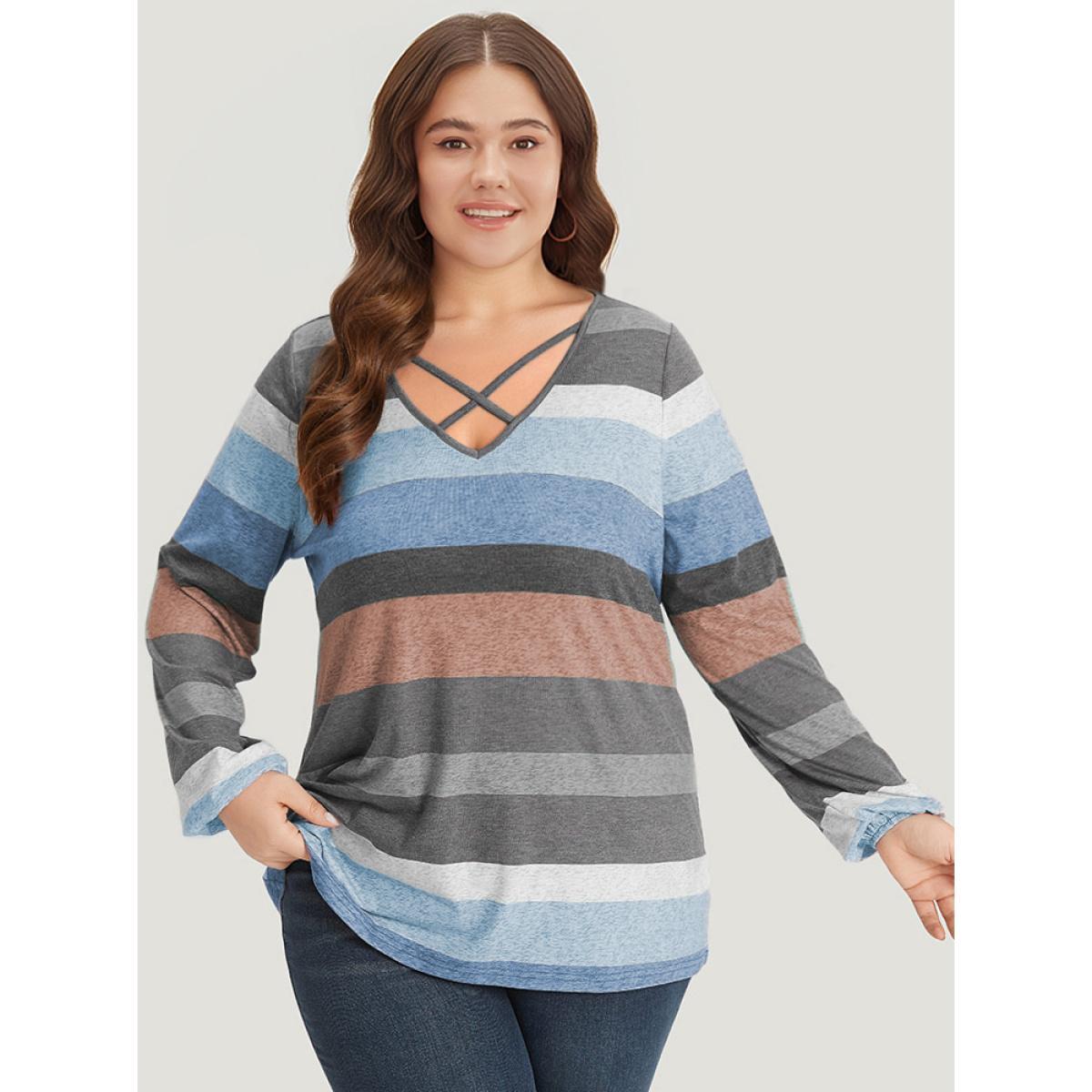 Plus Size Colour Striped Contrast Crisscross Lantern Sleeve T-shirt Blue Women Casual Elastic cuffs Striped V-neck Dailywear T-shirts BloomChic 30/6X Product Image