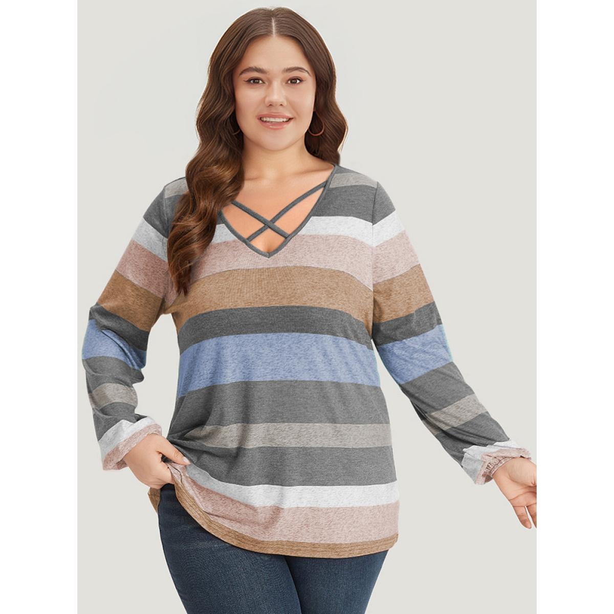 Plus Size Colour Striped Contrast Crisscross Lantern Sleeve T-shirt LightBrown Women Casual Elastic cuffs Striped V-neck Dailywear T-shirts BloomChic 10/M Product Image