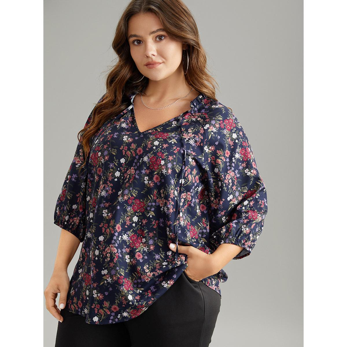 Plus Size Indigo Ditsy Floral Tie Neck Elastic Cuffs Blouse Women Elegant Elbow-length sleeve Tie Neck Dailywear Blouses BloomChic 14-16/1X Product Image
