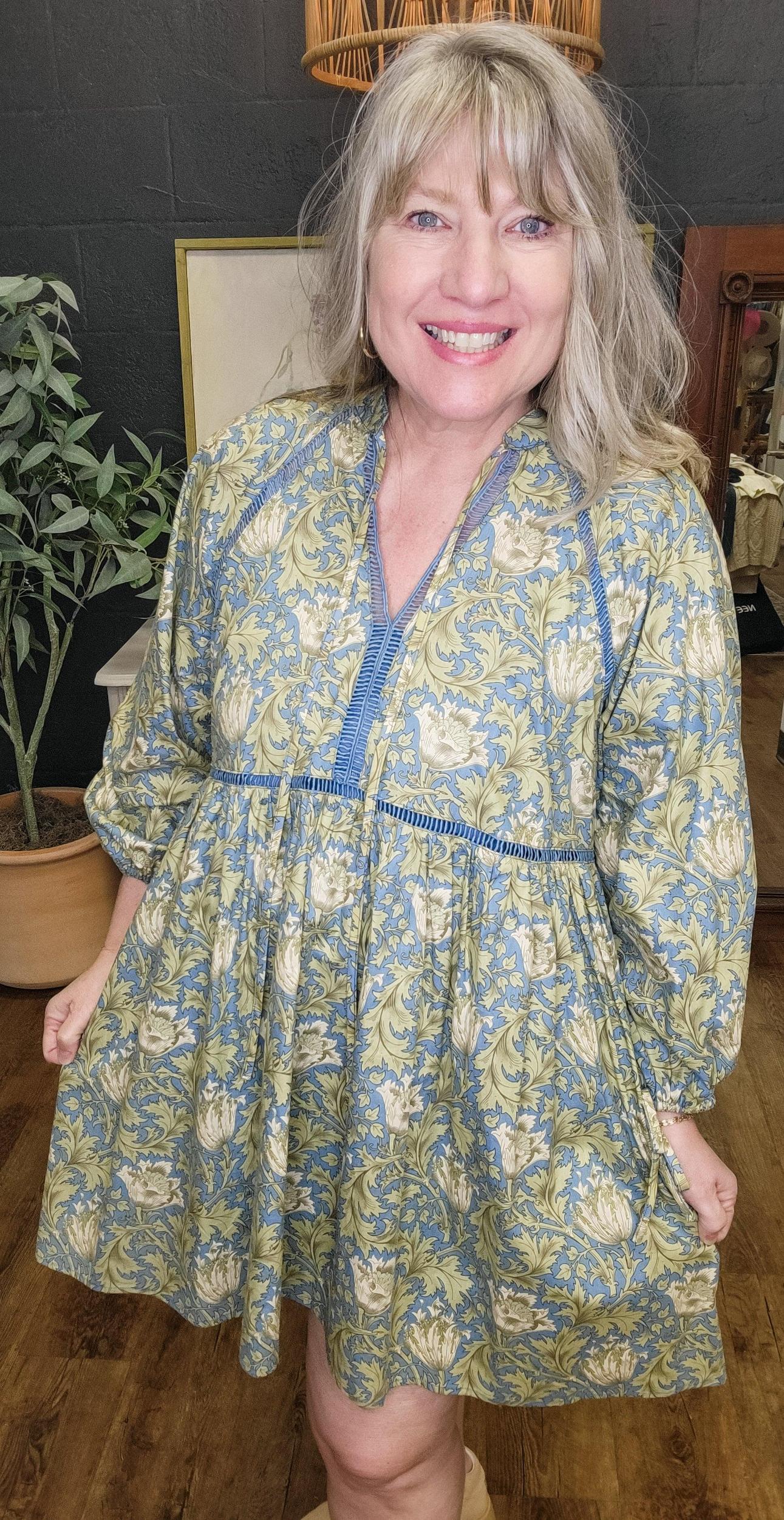 Victorian Dream Floral Print Dress in Green (Small to Large) Product Image
