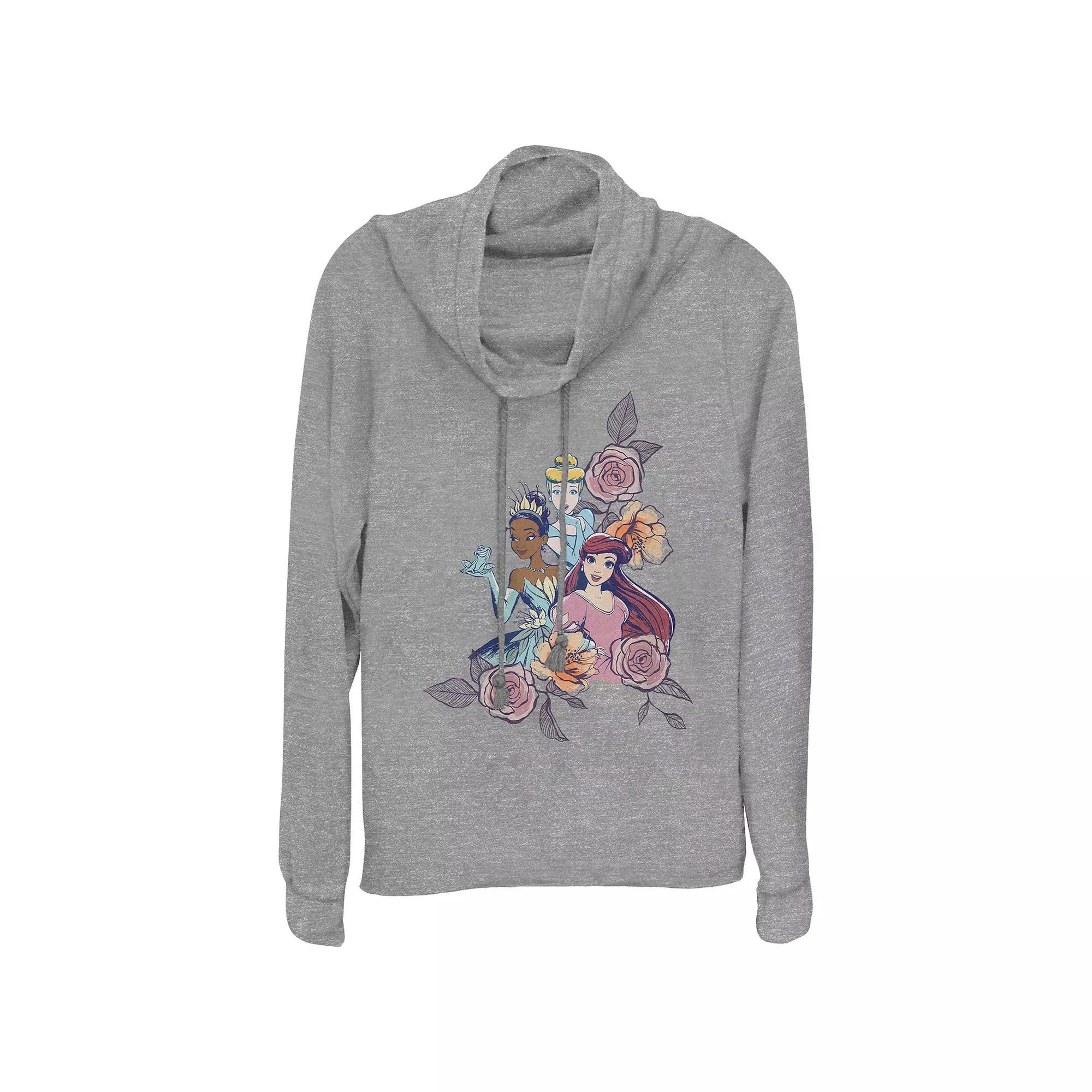 Disney Princesses Cinderella, Tiana & Ariel Floral Motif Women's Cowlneck Graphic Lightweight Long Sleeve, Girl's, Size: Small, Gray Grey Product Image