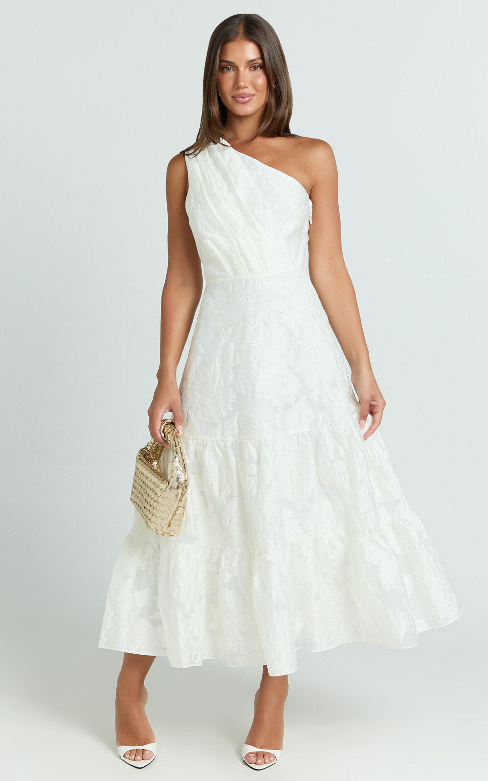 Nadette Midi Dress - One Shoulder Pleated Tiered Dress in White Product Image