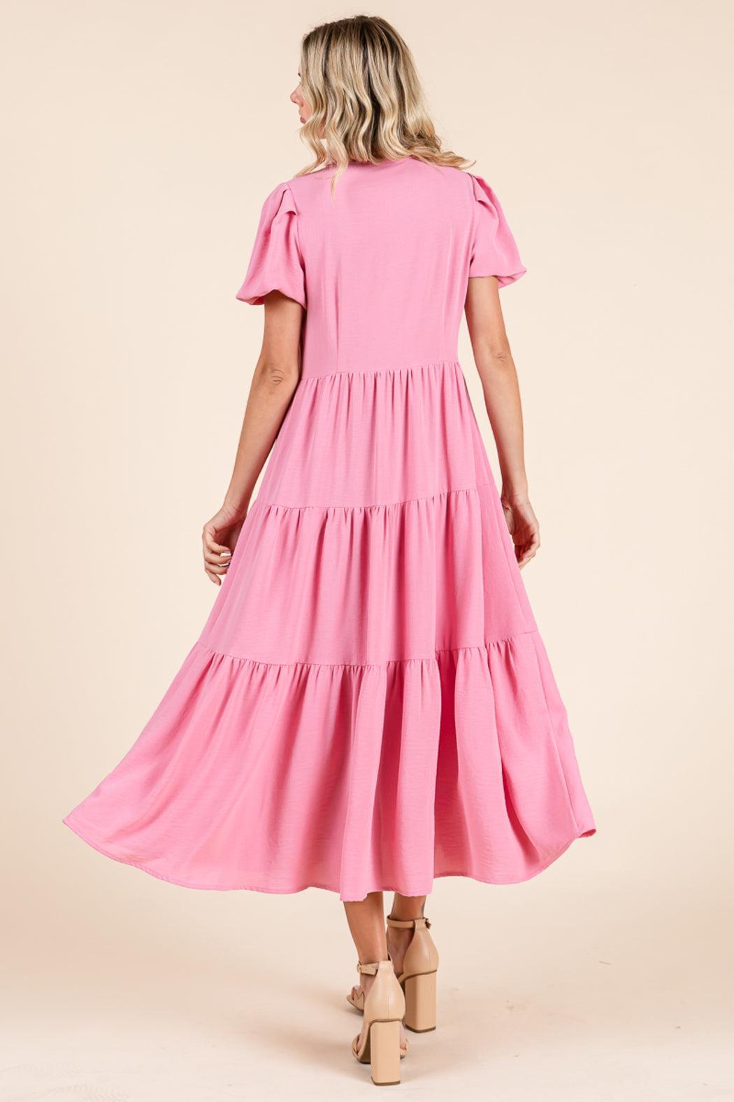 Tiered Button Down Puff Sleeve Midi Dress Product Image
