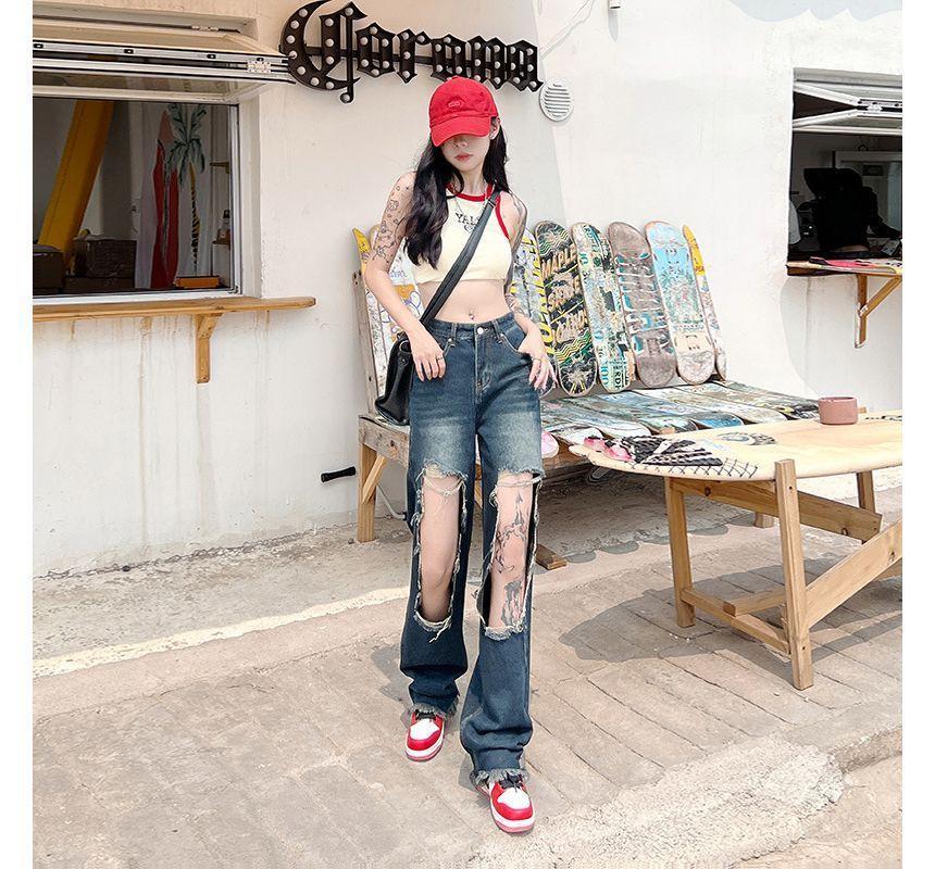 Mid Waist Distressed Wide Leg Jeans (Various Designs) Product Image