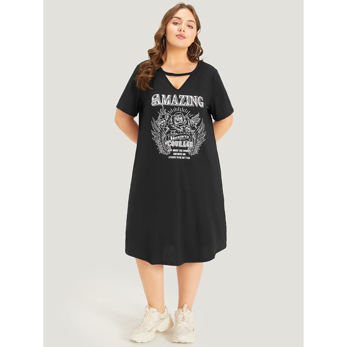 Plus Size Graphic & Letter Print Pocket Cut Out Dress Black Women Casual Plain Curvy Midi Dress BloomChic 10/M Product Image