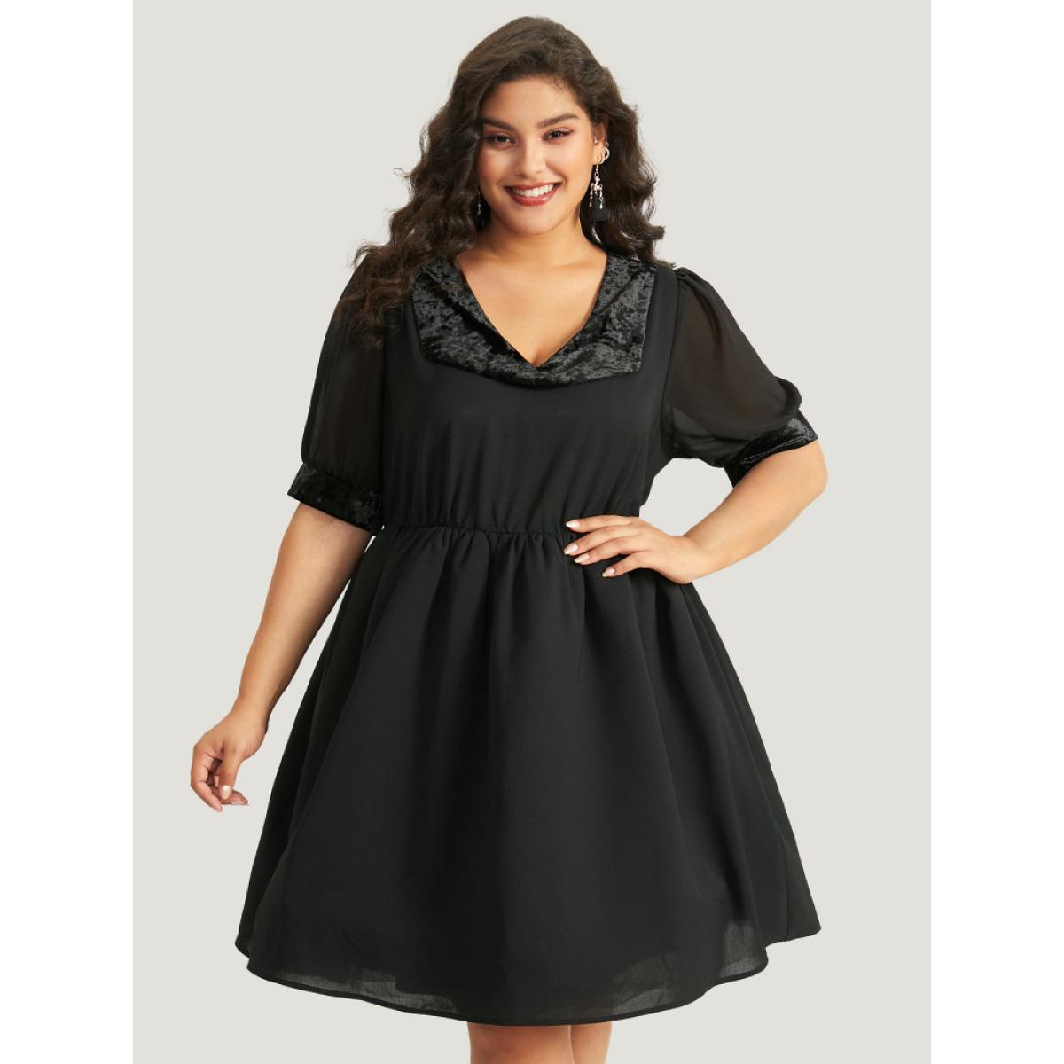 Plus Size Halloween Plain Lapel Collar Lantern Sleeve Mesh Dress Black Women Elegant See through V-neck Half Sleeve Curvy Knee Dress BloomChic 12/L Product Image