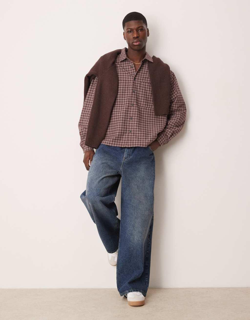 ASOS DESIGN oversized boxy flannel shirt in red check Product Image