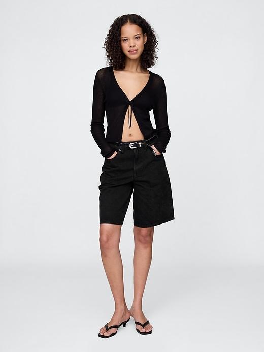 Sheer Rib Cropped Tie-Front Cardigan Product Image