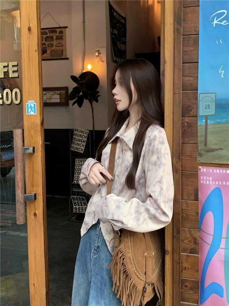 Long-Sleeve Collared Plain Zip Shirt Product Image