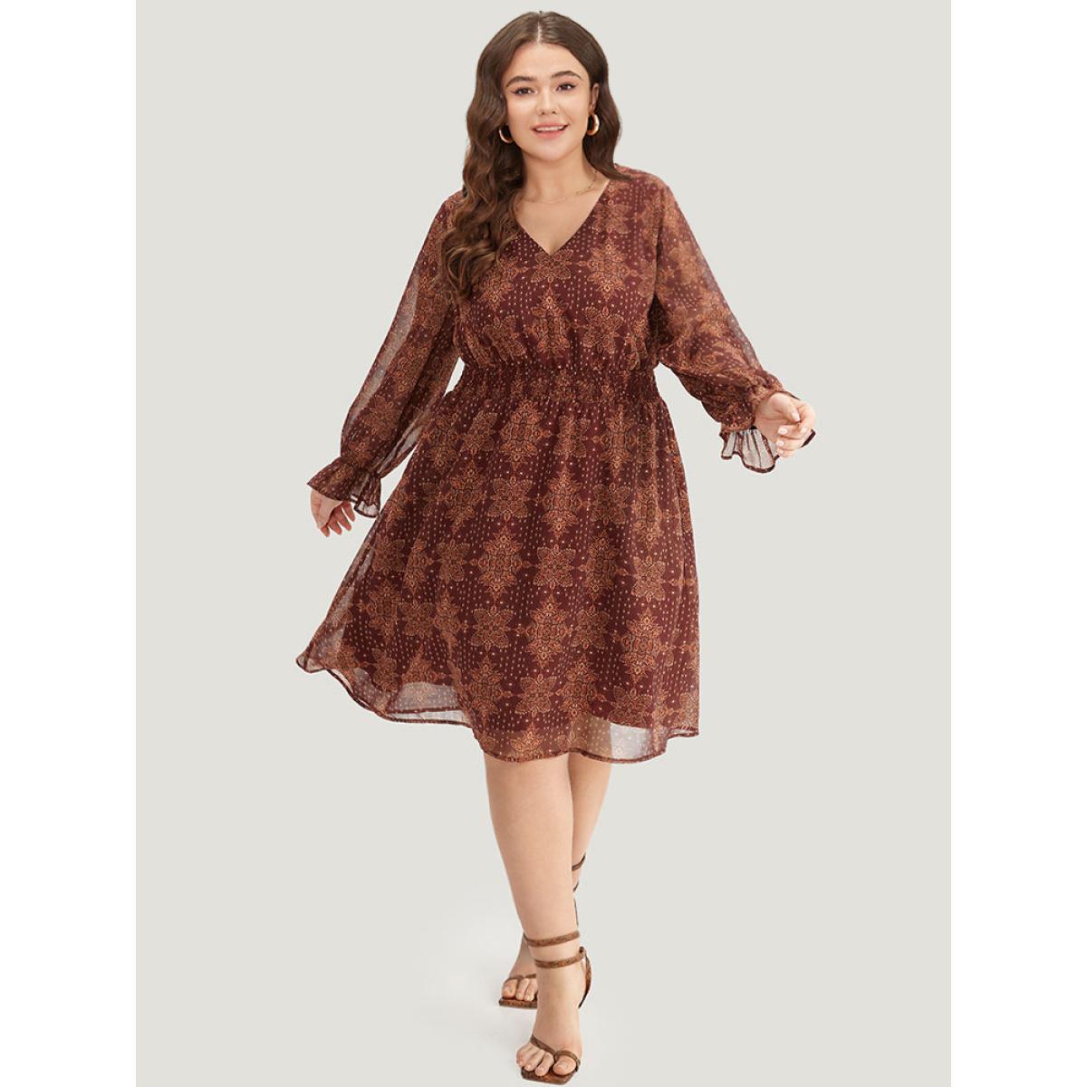 Plus Size Bandana Print Elastic Waist Flutter Trim Dress Scarlet Women Vacation Elastic cuffs V-neck Long Sleeve Curvy Midi Dress BloomChic 10/M Product Image