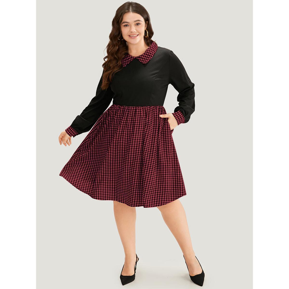 Plus Size Gingham Patchwork Pocket Shirt Collar Dress Red Women Office Patchwork Shirt collar Long Sleeve Curvy Midi Dress BloomChic 28/5X Product Image