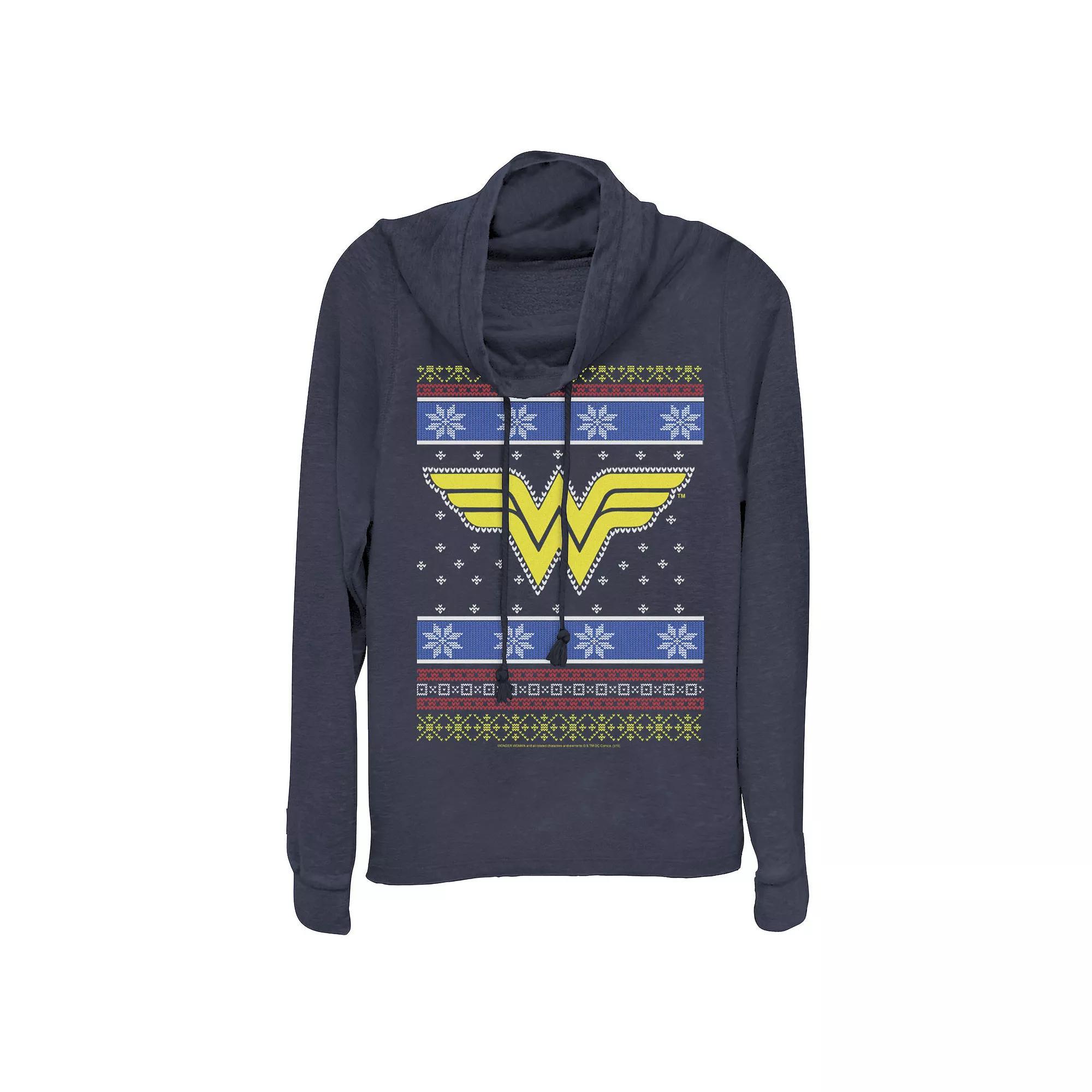 Juniors DC Comics Wonder Woman Christmas Cowlneck Graphic Lightweight Long Sleeve, Girls Blue Product Image