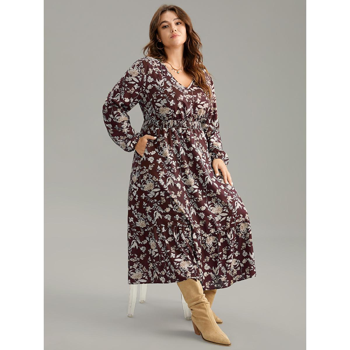 Plus Size Floral Shirred Pocket Lantern Sleeve Dress Burgundy Women Elegant Elastic cuffs V-neck Long Sleeve Curvy Midi Dress BloomChic 22-24/3X Product Image