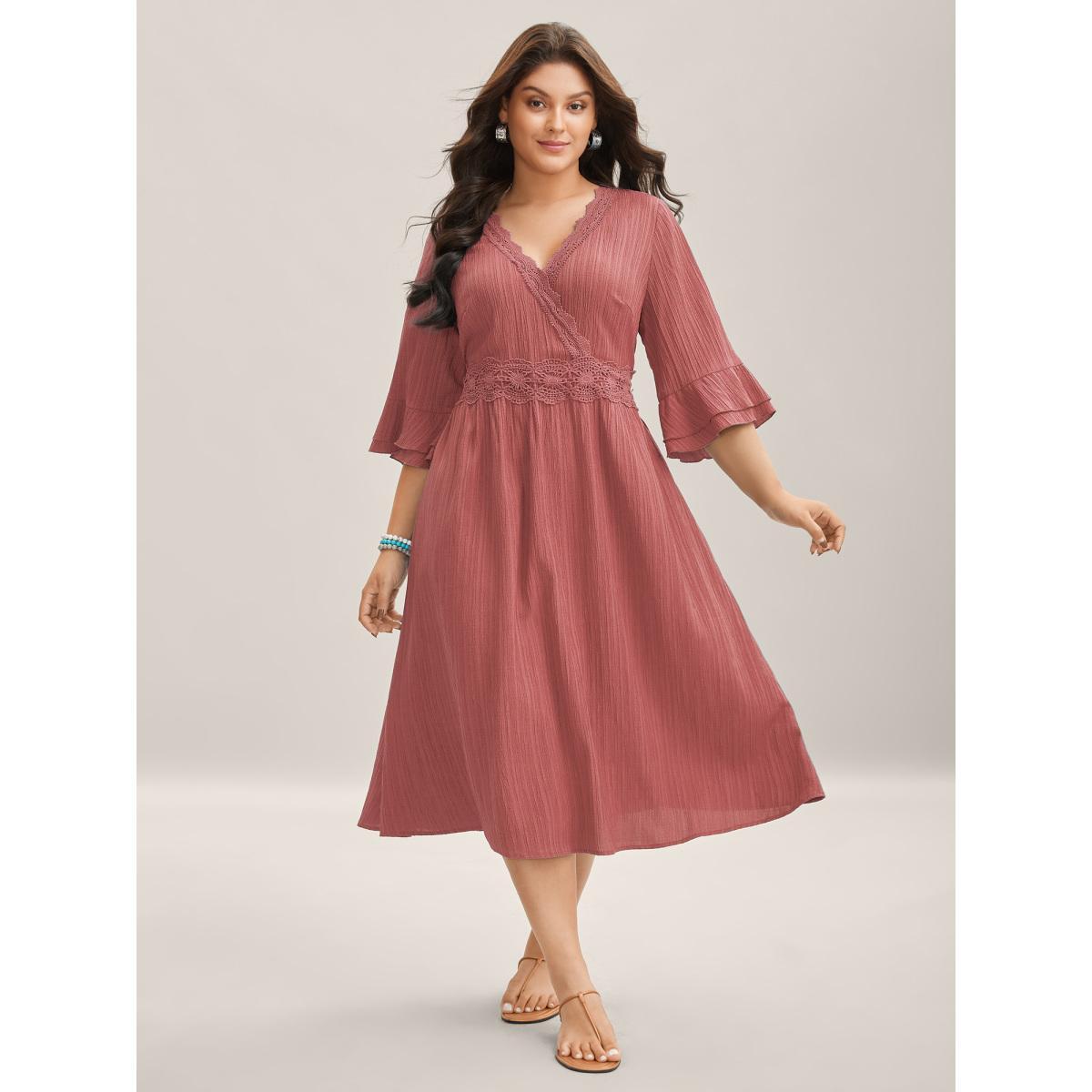 Plus Size Scalloped Lace Surplice Ruffled Midi Dress Blush Women Overlap Collar Elbow-length sleeve Curvy BloomChic 22-24/3X Product Image