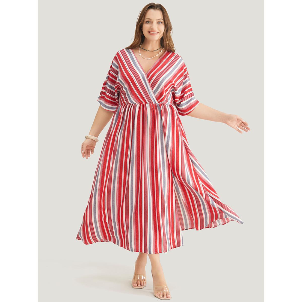 Plus Size Striped Contrast Surplice Neck Dolman Sleeve Pocket Split Hem Dress Scarlet Women Vacation Elastic Waist V-neck Half Sleeve Curvy Midi Dress BloomChic 14-16/1X Product Image