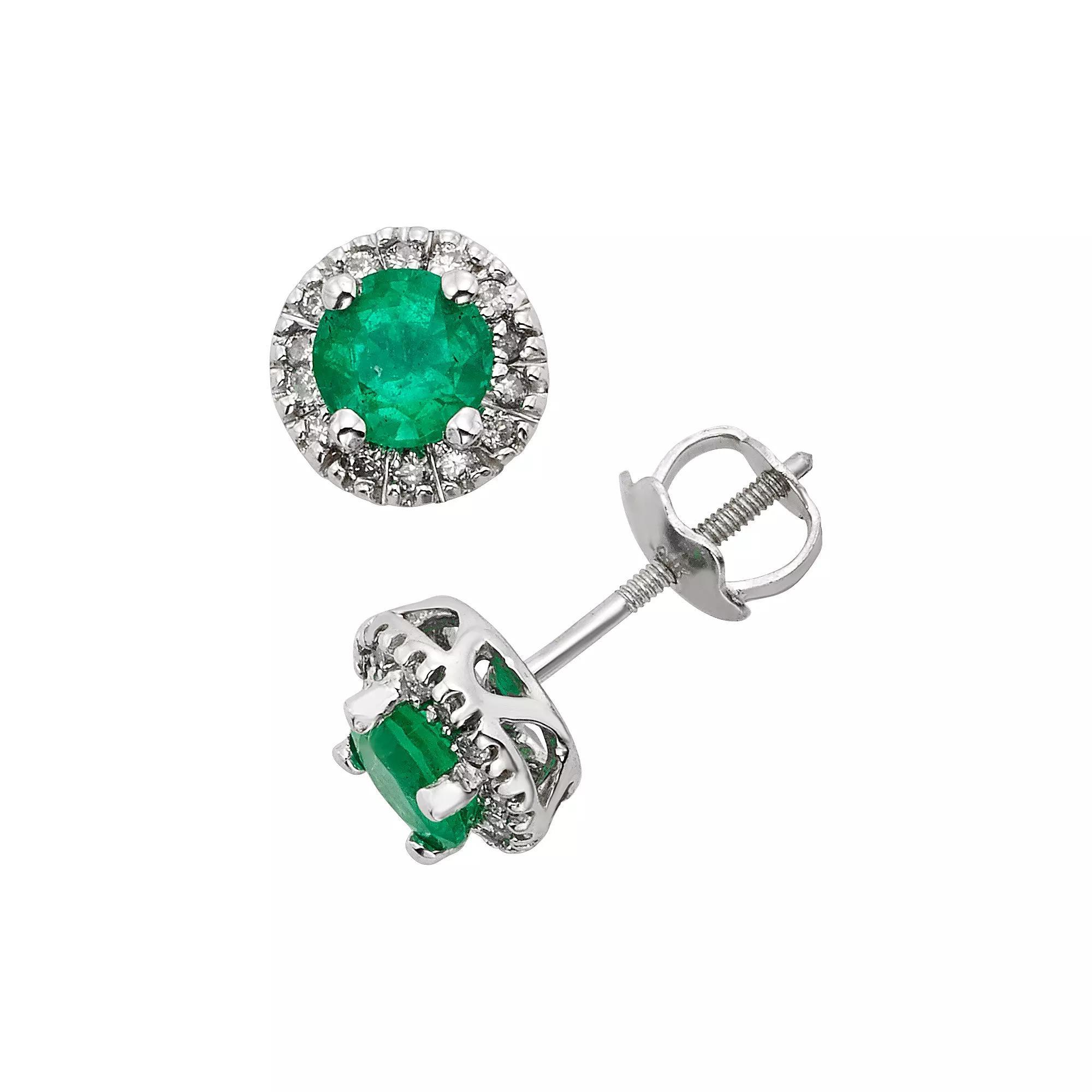 The Regal Collection Emerald and 1/8 Carat T.W. IGL Certified Diamond 14k White Gold Tiered Halo Stud Earrings, Womens, Green Product Image