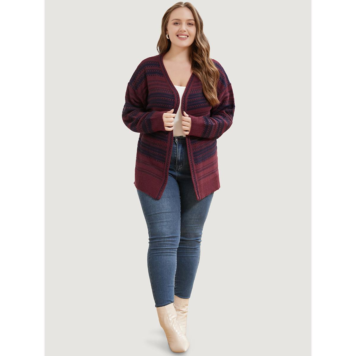 Plus Size Striped Contrast Pointelle Knit Open Front Loose Cardigan Scarlet Women Casual Loose Long Sleeve Work Cardigans BloomChic 26/4X Product Image