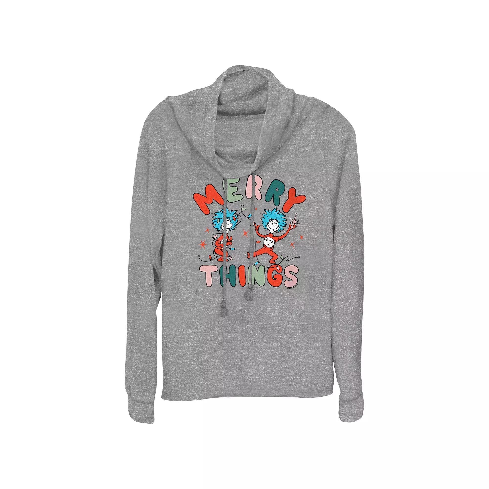 Womens Dr. Seuss Thing 1 And Thing 2 Merry Things Cowlneck Graphic Lightweight Long Sleeve Gray Grey Product Image