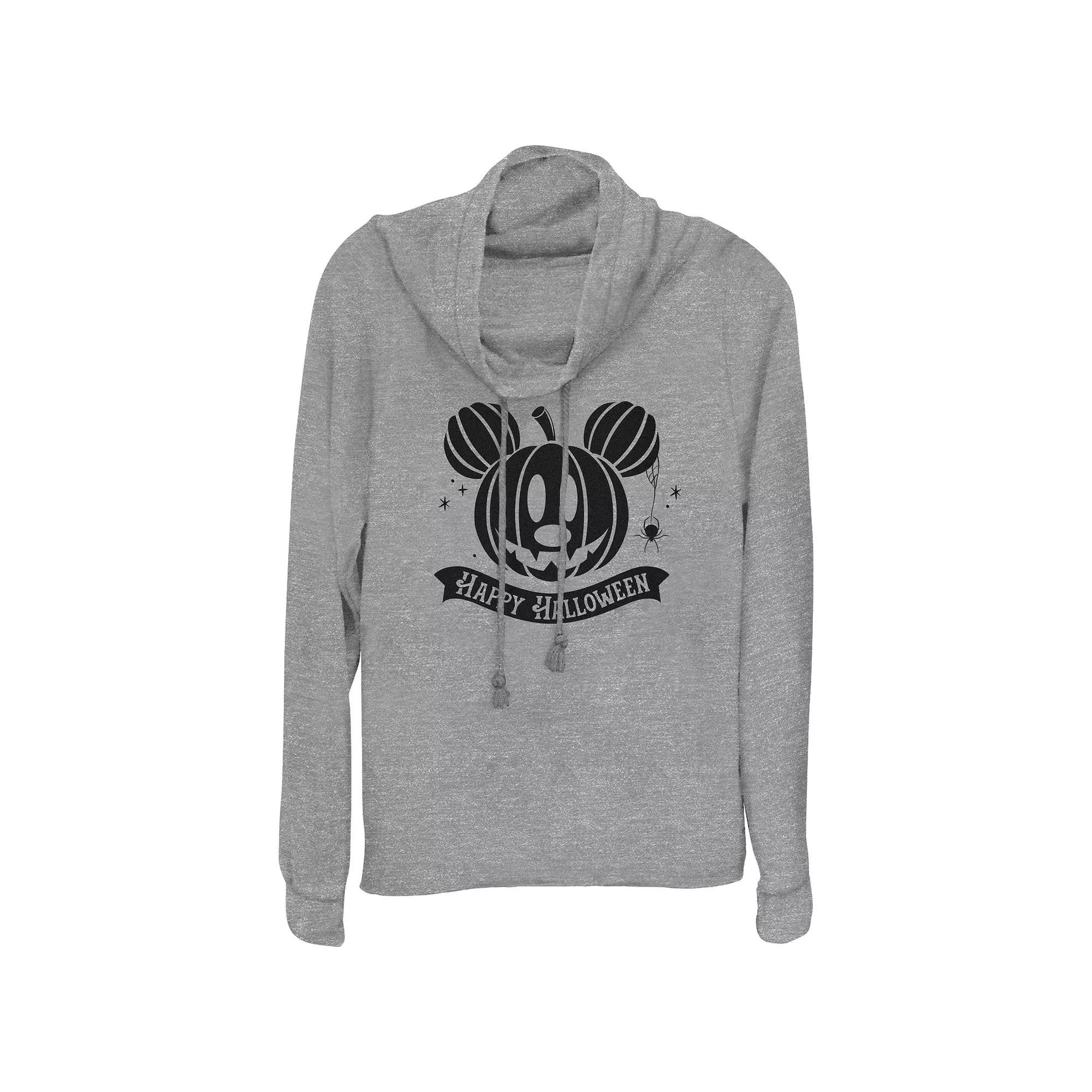 Disneys Mickey Mouse Jack O Lantern Happy Halloween Womens Cowlneck Graphic Lightweight Long Sleeve Gray Grey Product Image
