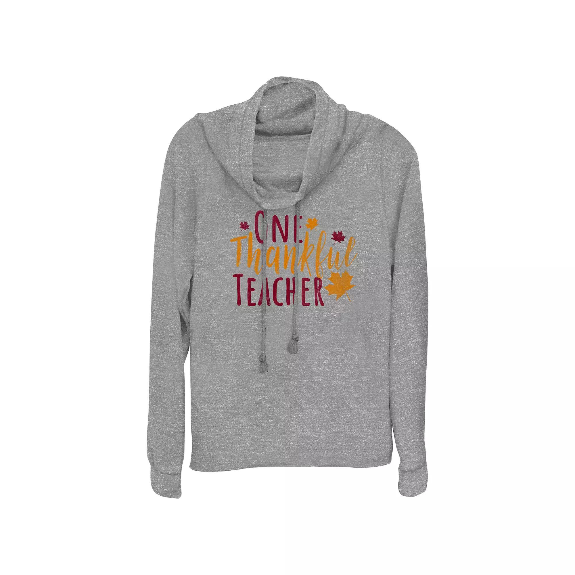 Women's One Thankful Teacher Cowlneck Graphic Lightweight Long Sleeve, Size: XXL, Gray Grey Product Image