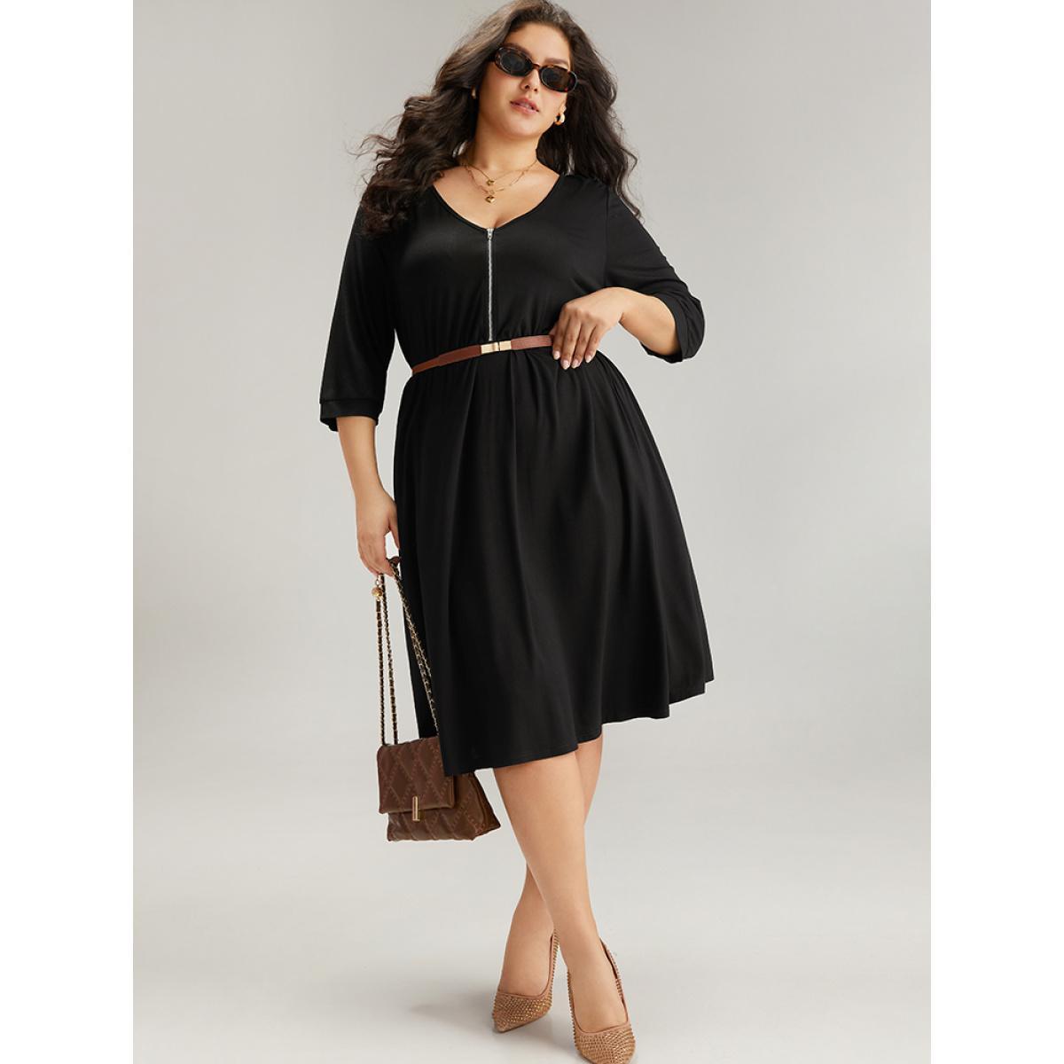 Plus Size Plain Pocket Elastic Waist Zipper Dress Black Women Office Plain V-neck Elbow-length sleeve Curvy Midi Dress BloomChic 22-24/3X Product Image
