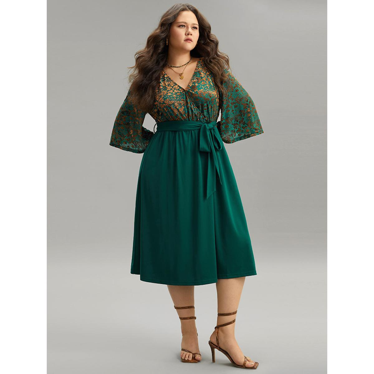 Plus Size Silhouette Floral Print Belted Patchwork Velvet Dress Emerald Women Vacation Wrap Overlap Collar Elbow-length sleeve Curvy Midi Dress BloomChic 10/M Product Image