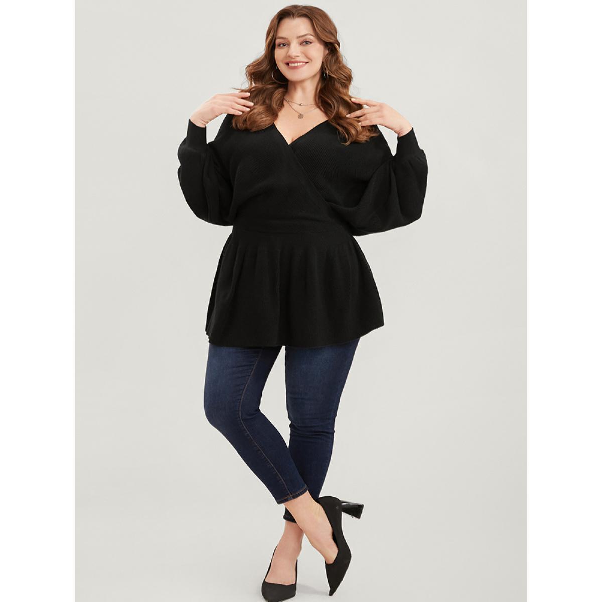 Plus Size Solid Super Soft Rib Knit Dolman Sleeve Backless Wrap Knit Top Black Women Casual Loose Long Sleeve Overlap Collar Everyday Pullovers BloomChic 14-16/1X Product Image